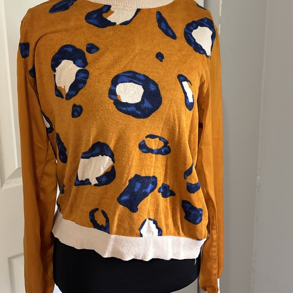 3.1PHILLIP LIM SWEATER SZ S MUSTARD PURPLE LEOPARD SPOTS PREPPY CHIC AESTHETIC - Picture 8 of 9